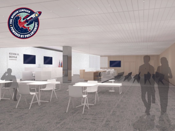 Renderings of the newly update front lobby along with the trial courtroom