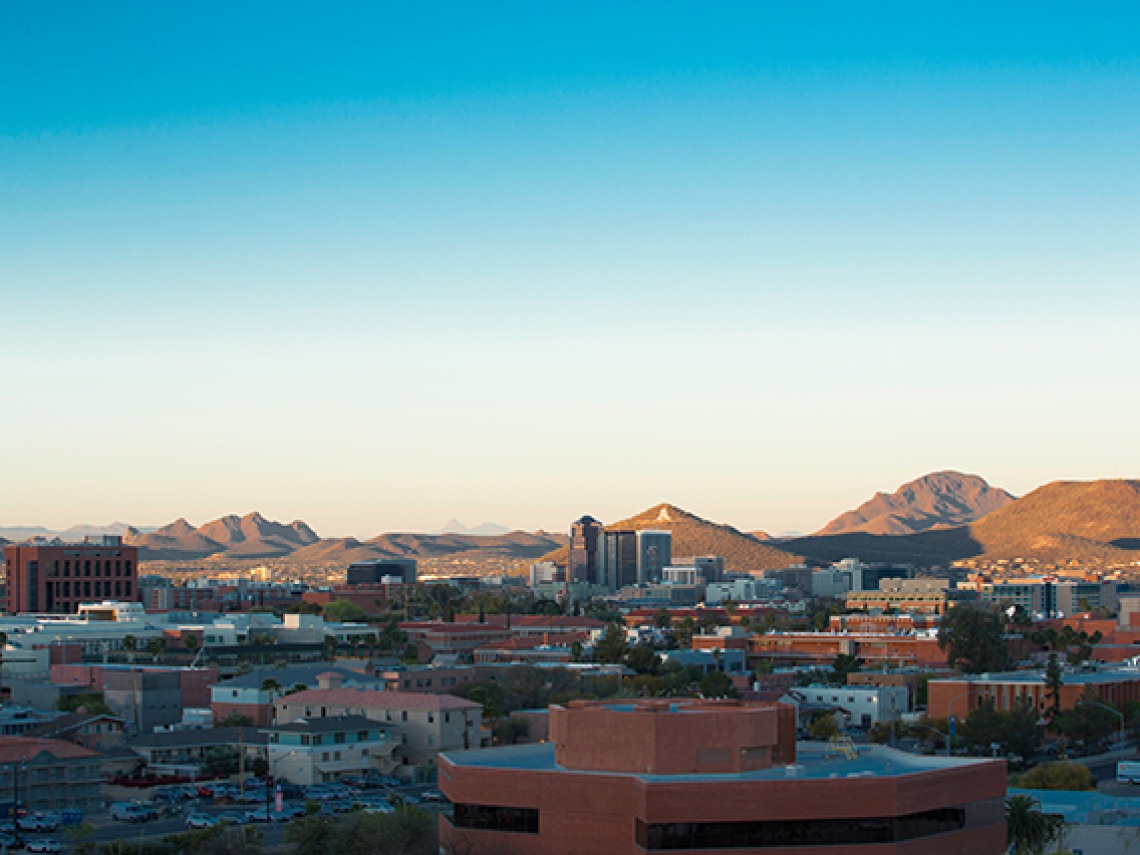 Campus and the mountains at sunset