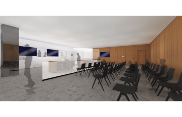 Architectural rendering of a renovated trial courtroom space at the University of Arizona James E. Rogers College of Law