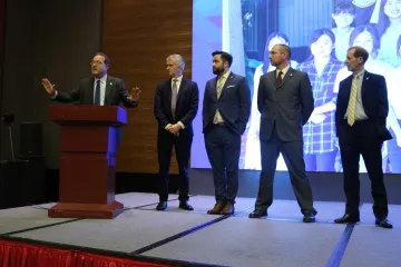From left: Marc Miller, Brent White and the UA leads at OUC: Andrew Shepherd, professor of practice, Global Law; Michael Sayle, professor of English; and Robert Woods, director of the UA Law program at Ocean University of China. From left: Marc Miller, Brent White and the UA leads at OUC: Andrew Shepherd, professor of practice, Global Law; Michael Sayle, professor of English; and Robert Woods, director of the UA Law program at Ocean University of China.
